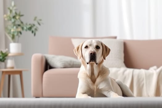 Modern living room interior Cute Golden Labrador Retriever near couch Generative AI.