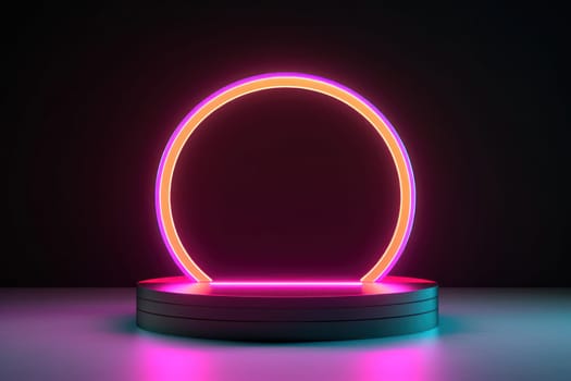 illustration of 3d rendering abstract podium neon circle tunneling lights for ecommerce signs retail.