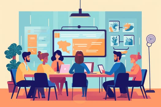 Group business team video conference meeting online concept. flat illustration cartoon character design concept, Generative AI.