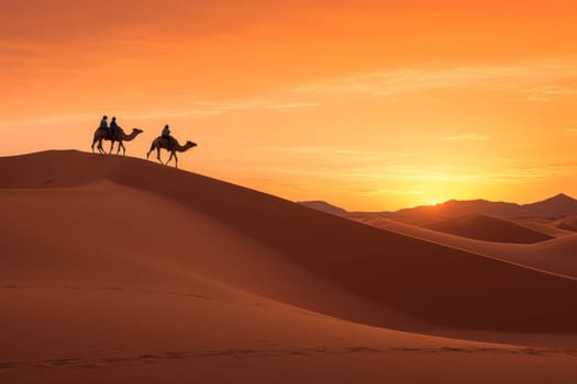 Herd of camel riders crossing the great desert.