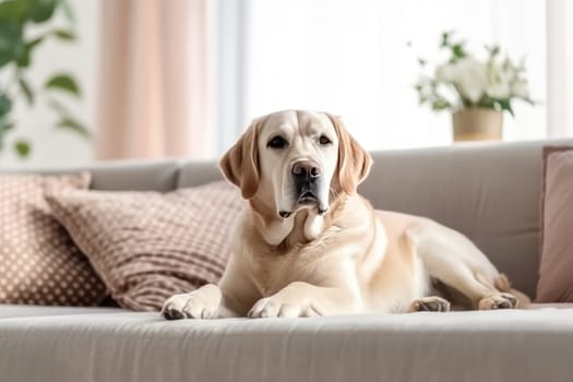 Modern living room interior Cute Golden Labrador Retriever near couch Generative AI.