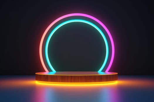 illustration of 3d rendering abstract podium neon circle tunneling lights for ecommerce signs retail.