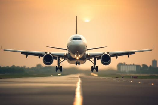 Commercial plane flying over the runway while with blurred background.