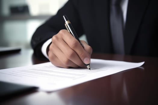 Close up a hand signing the document at the table on office room.