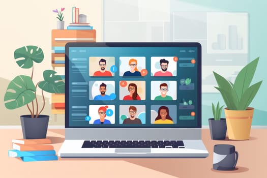 Group business team video conference meeting online concept. flat illustration cartoon character design concept, Generative AI.