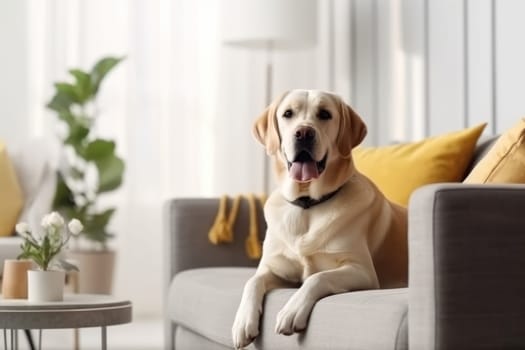 Modern living room interior Cute Golden Labrador Retriever near couch Generative AI.