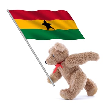 A Ghana flag being carried by a cute teddy bear