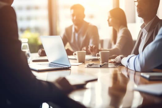 Business people having casual discussion during meeting on blurred background.