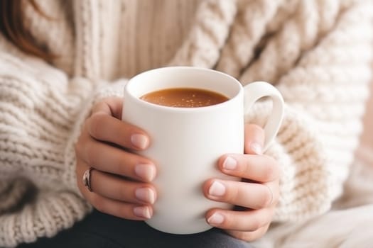 A close up shot of a girl's hands holding a mug.