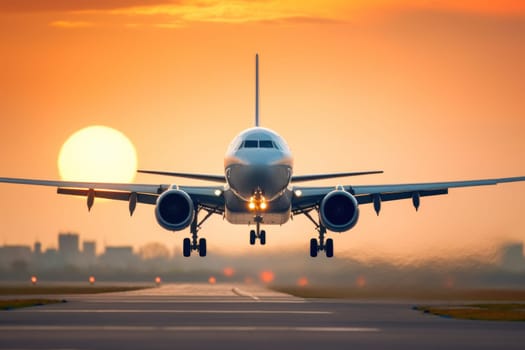 Commercial plane flying over the runway while with blurred background.