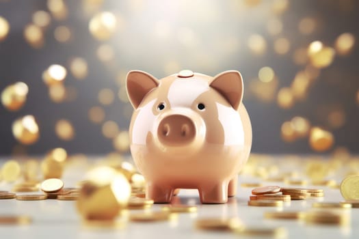 Piggy bank with falling coins. Savings and investment. Generative Ai.