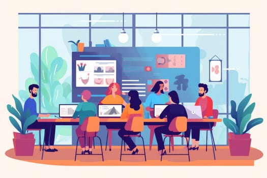 Group business team video conference meeting online concept. flat illustration cartoon character design concept, Generative AI.