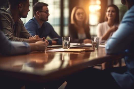 Business people having casual discussion during meeting on blurred background.