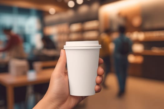 Mock up of female hand holding blank coffee paper cup for advertising.