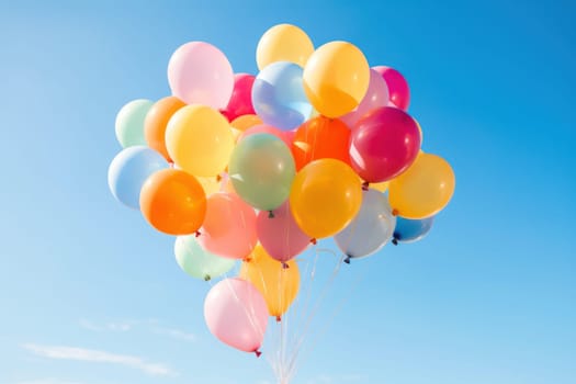 Colorful balloons floating against a clear blue sky, Generative AI.