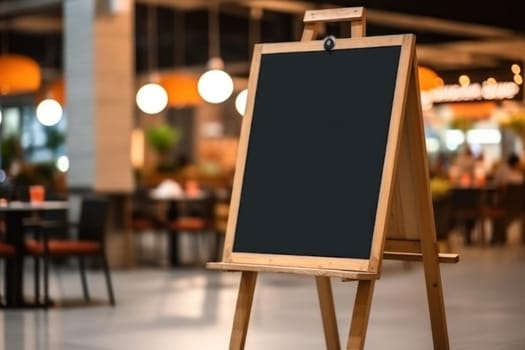 Advertising blank Blackboard, Blank restaurant shop sign or menu boards in shopping mall center, Blackboard sign mockup in front of a restaurant Signboard, Generative AI.