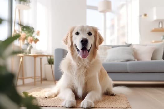 Modern living room interior Cute Golden Labrador Retriever near couch Generative AI.
