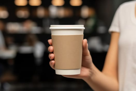 Mock up of female hand holding blank coffee paper cup for advertising.