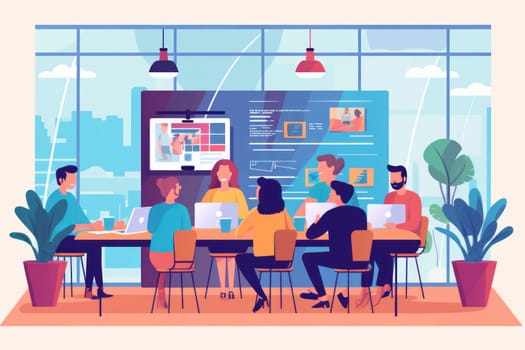 Group business team video conference meeting online concept. flat illustration cartoon character design concept, Generative AI.