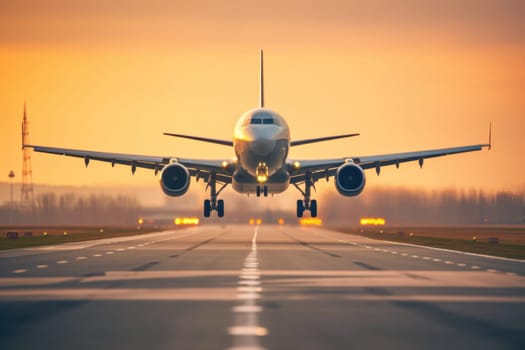 Commercial plane flying over the runway while with blurred background.