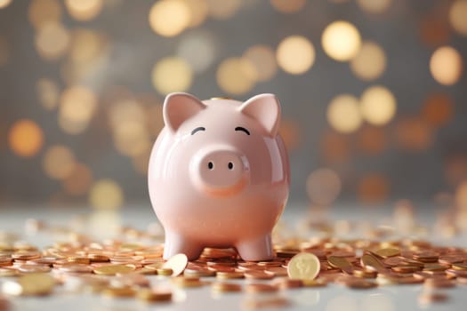 Piggy bank with falling coins. Savings and investment. Generative Ai.