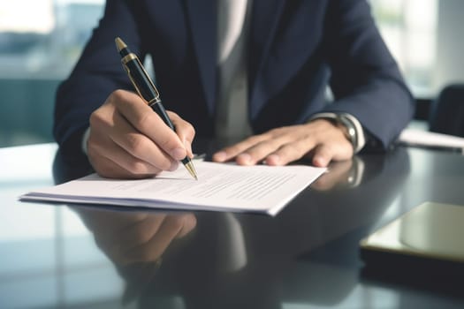 Close up a hand signing the document at the table on office room.