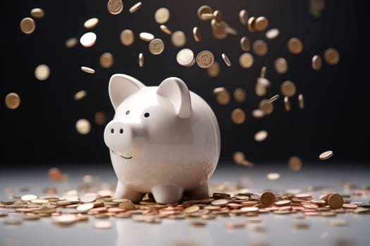 Piggy bank with falling coins. Savings and investment. Generative Ai.
