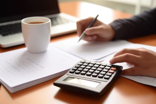 Business desk concept, laptop and coffee and calculator on desk.