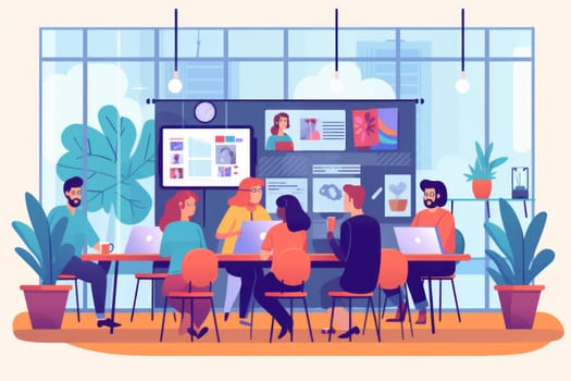 Group business team video conference meeting online concept. flat illustration cartoon character design concept, Generative AI.