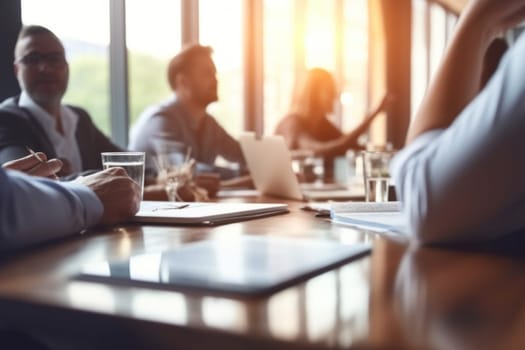 Business people having casual discussion during meeting on blurred background.