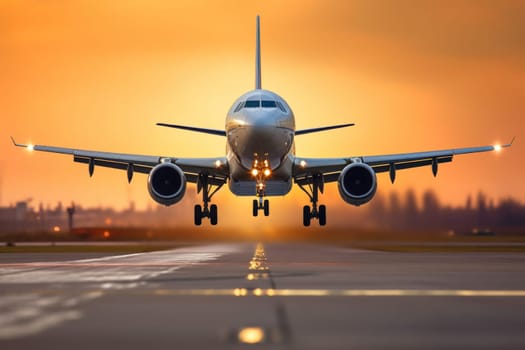 Commercial plane flying over the runway while with blurred background.