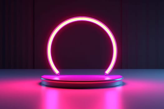 illustration of 3d rendering abstract podium neon circle tunneling lights for ecommerce signs retail.