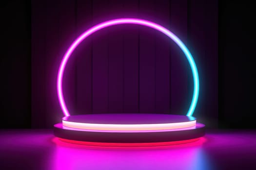 illustration of 3d rendering abstract podium neon circle tunneling lights for ecommerce signs retail.