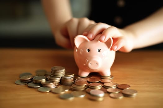Piggy bank with falling coins. Savings and investment. Generative Ai.
