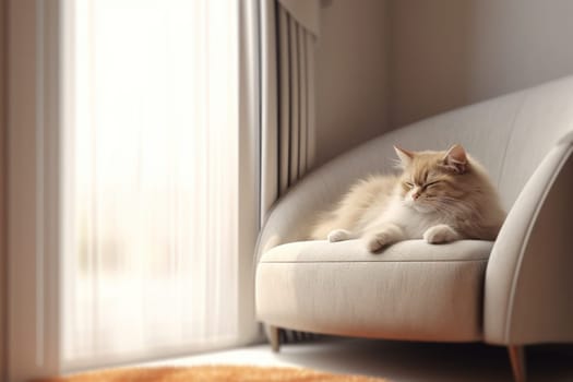 Modern living room interior Cute cat near couch Generative AI.