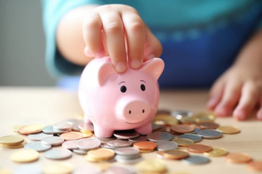 Piggy bank with falling coins. Savings and investment. Generative Ai.