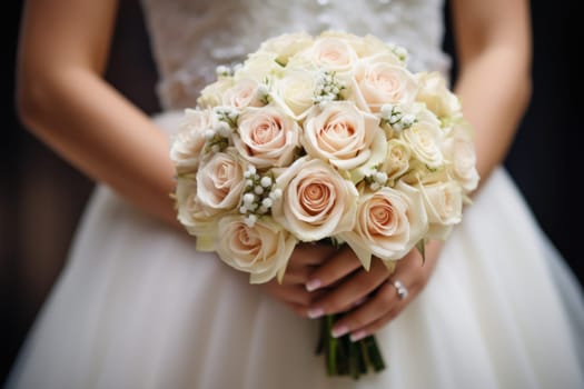 A close up of a bride's or groom's hands holding a bouquet.