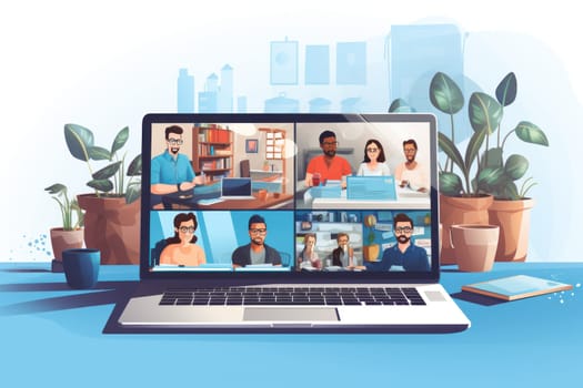 Group business team video conference meeting online concept. flat illustration cartoon character design concept, Generative AI.