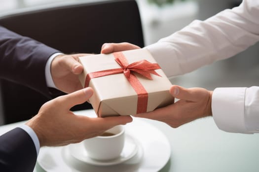 Close up view of hands Giving a business gift in an office.