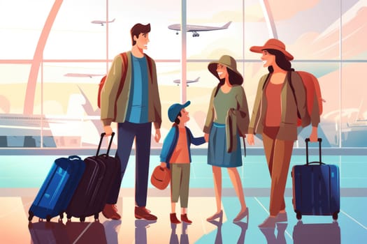 Family Trip Concept, family travel at airport,Time for family vacation, family travel at airport 2d, Generative AI.