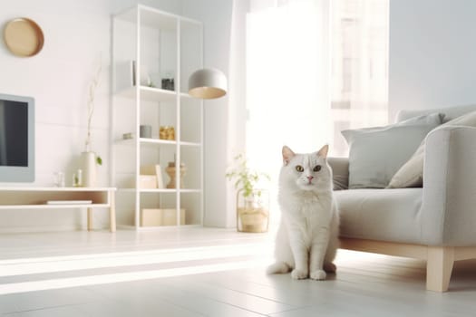 Modern living room interior Cute cat near couch Generative AI.