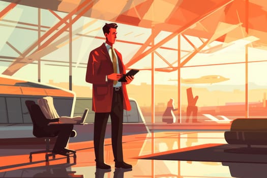 Man at airport lounge and using mobile phone, Businessman working and using mobile at busy time on airport, Generative AI.