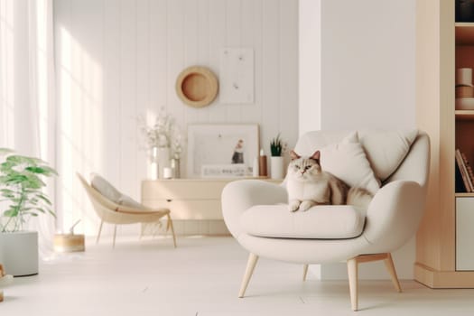 Modern living room interior Cute cat near couch Generative AI.