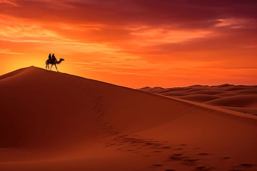 Herd of camel riders crossing the great desert.