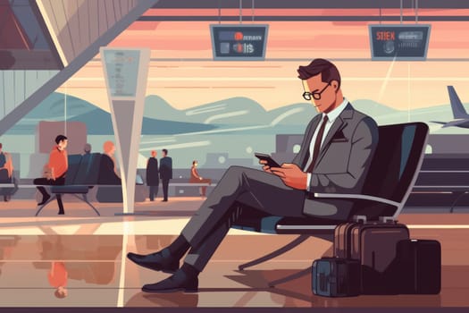 Man at airport lounge and using mobile phone, Businessman working and using mobile at busy time on airport, Generative AI.