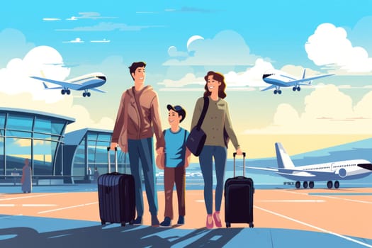 Family Trip Concept, family travel at airport,Time for family vacation, family travel at airport 2d, Generative AI.