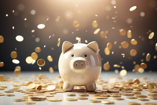 Piggy bank with falling coins. Savings and investment. Generative Ai.