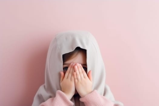 Portrait Little scared or crying or playing bo-peep girl hiding face.