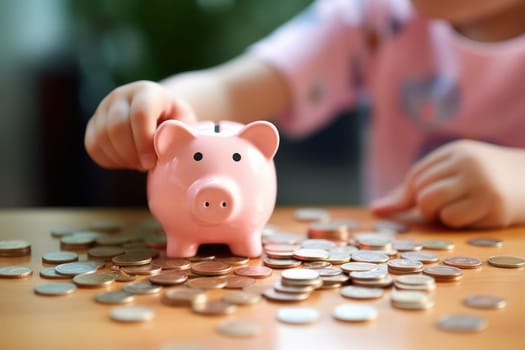 Piggy bank with falling coins. Savings and investment. Generative Ai.