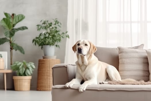 Modern living room interior Cute Golden Labrador Retriever near couch Generative AI.